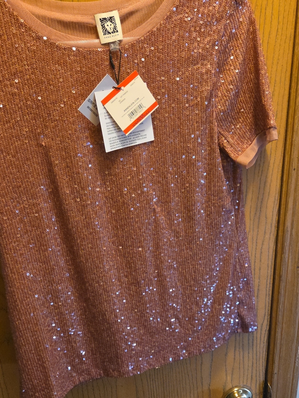 Anne Klein Rose Gold Sequin Short Sleeve Top Womens XS NWT